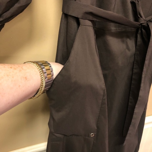 New York & Co Long Brown Dress Off Shoulder Front Slits Deep Pockets Size S NWT - Picture 3 of 6